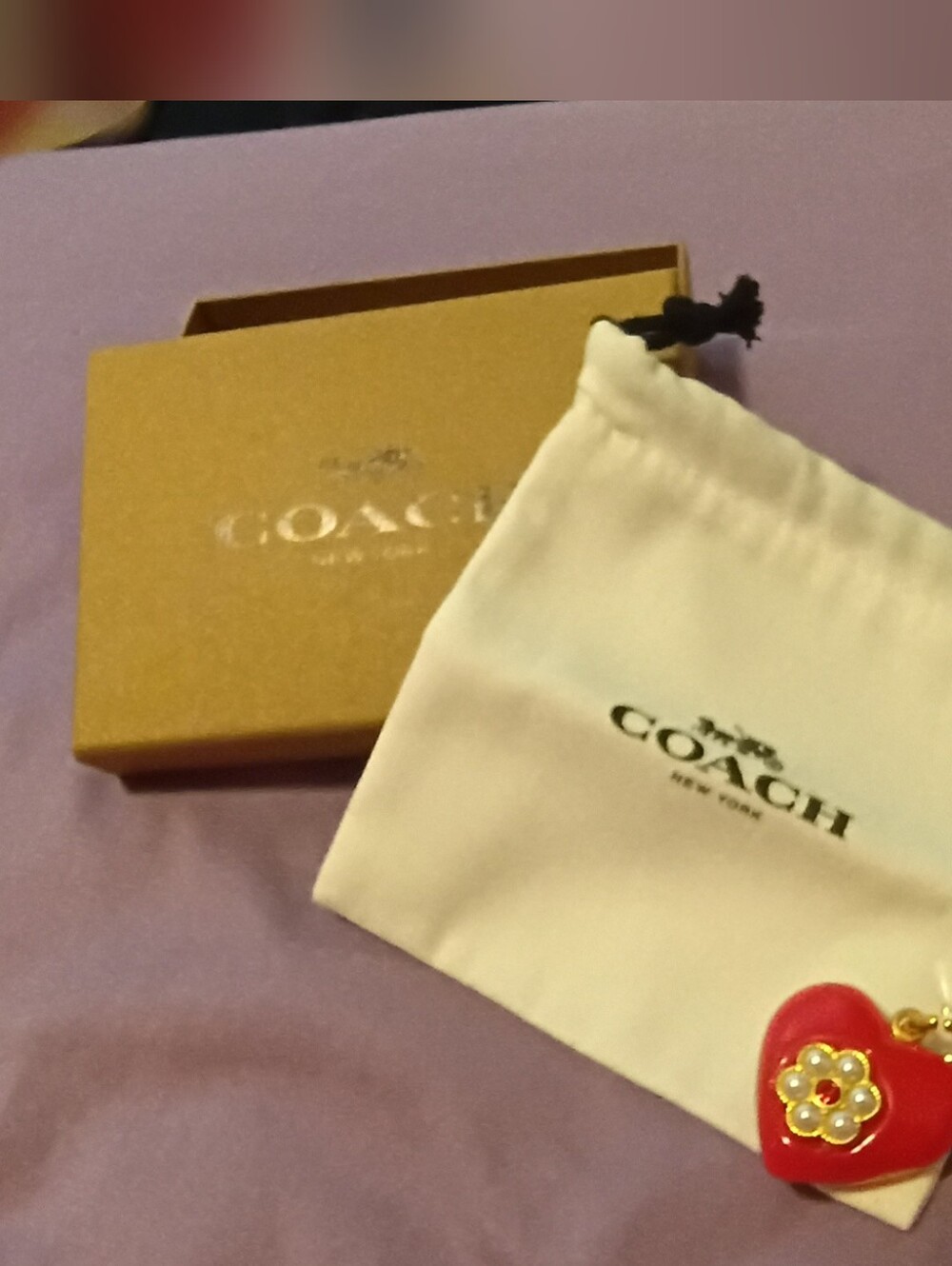 Coach Red Heart Charm Keychain with Gold-Tone Flower Accent